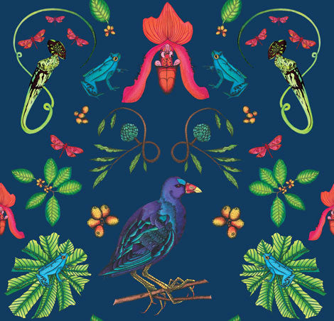 A tropical bird inspired wallpaper with a gallinule bird among tropical creatures including frogs in bright colours on a blue background