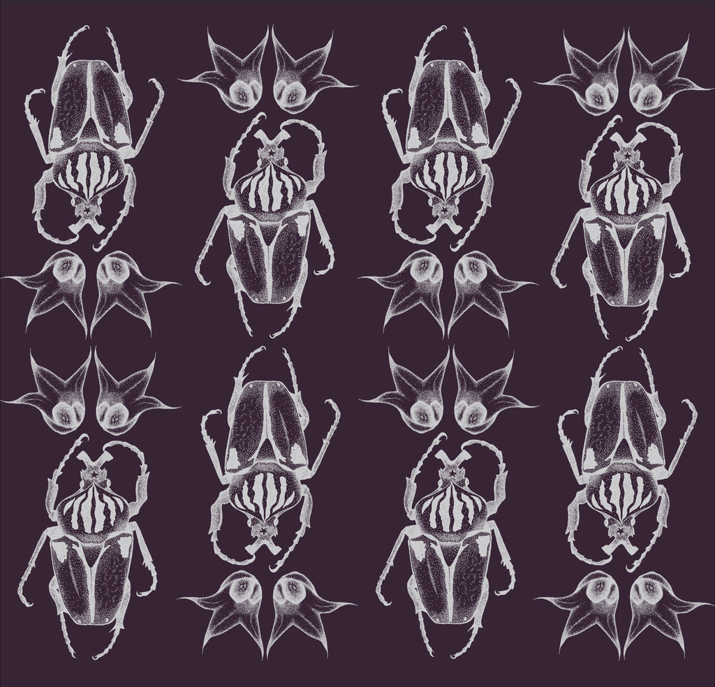 Silver illustrated beetle pattern wallpaper on a royal purple background