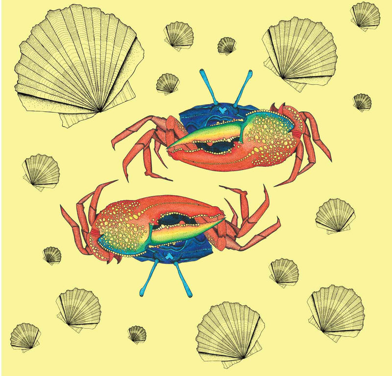 A unique illustrated crab print wallpaper showing fiddler crabs on a light yellow background with pretty shells