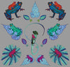 A wallpaper with frogs sitting on leaves that are brightly coloured and have a tropical theme