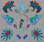 A wallpaper with frogs sitting on leaves that are brightly coloured and have a tropical theme