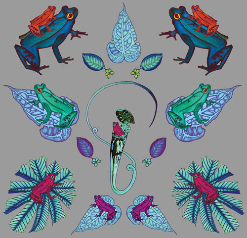 A wallpaper with frogs sitting on leaves that are brightly coloured and have a tropical theme