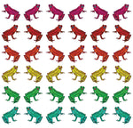 Multicoloured illustrated tropical frog wallpaper with frogs in a pattern facing each other and back to back