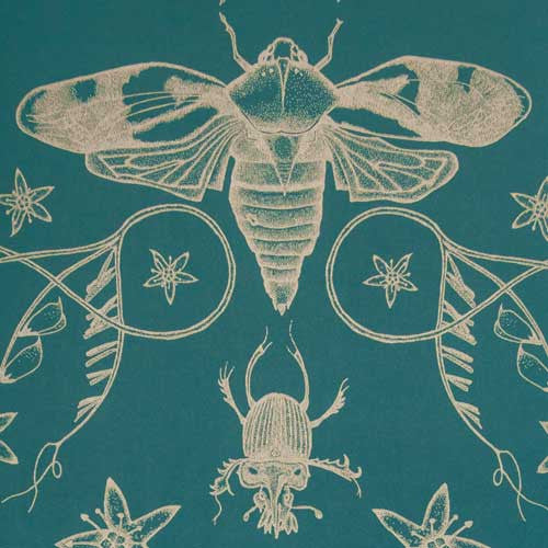 Close up of a silver cicada and beetle on a unique entomology illustrated wallpaper on a blue background