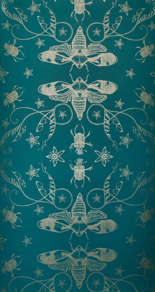 A close up of entomology inspired wallpaper with silver cicadas and other insects on a blue background