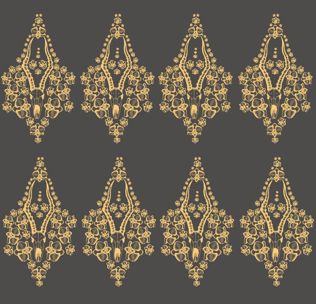 Impala and orchid wallpaper showing the pattern in yellow on a gray background