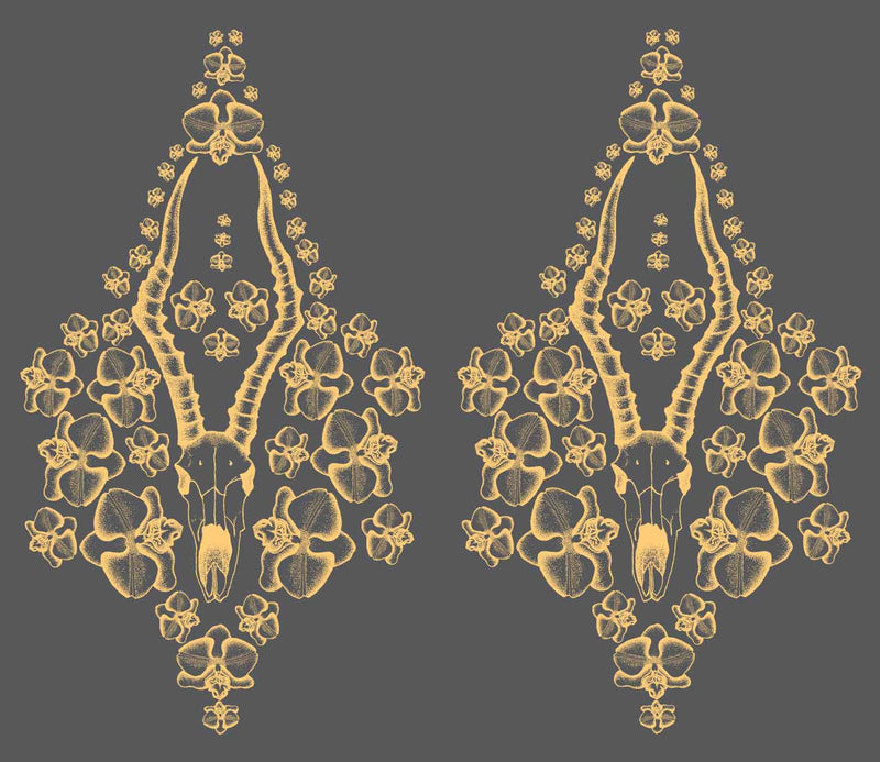 Close up of the wallpaper with impala skulls and orchids in yellow on a grey background