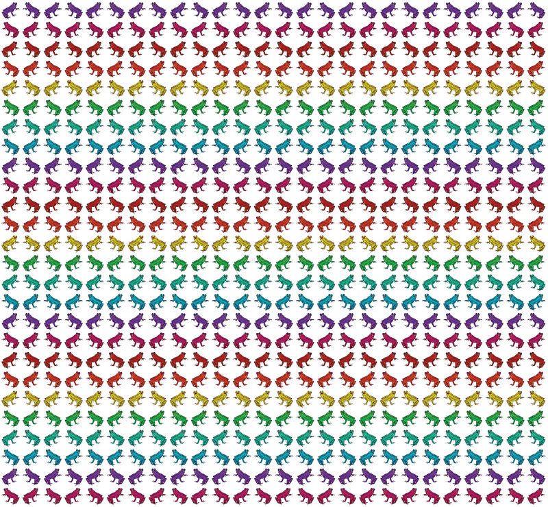 Example of frog print wallpaper with multicoloured frogs back to back and facing each other