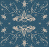 A beautiful illustrated entomology wallpaper showing cicadas in silver facing each other in a pattern with beetles and other insects