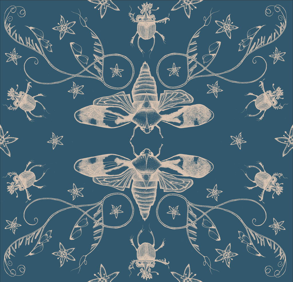 A beautiful illustrated entomology wallpaper showing cicadas in silver facing each other in a pattern with beetles and other insects