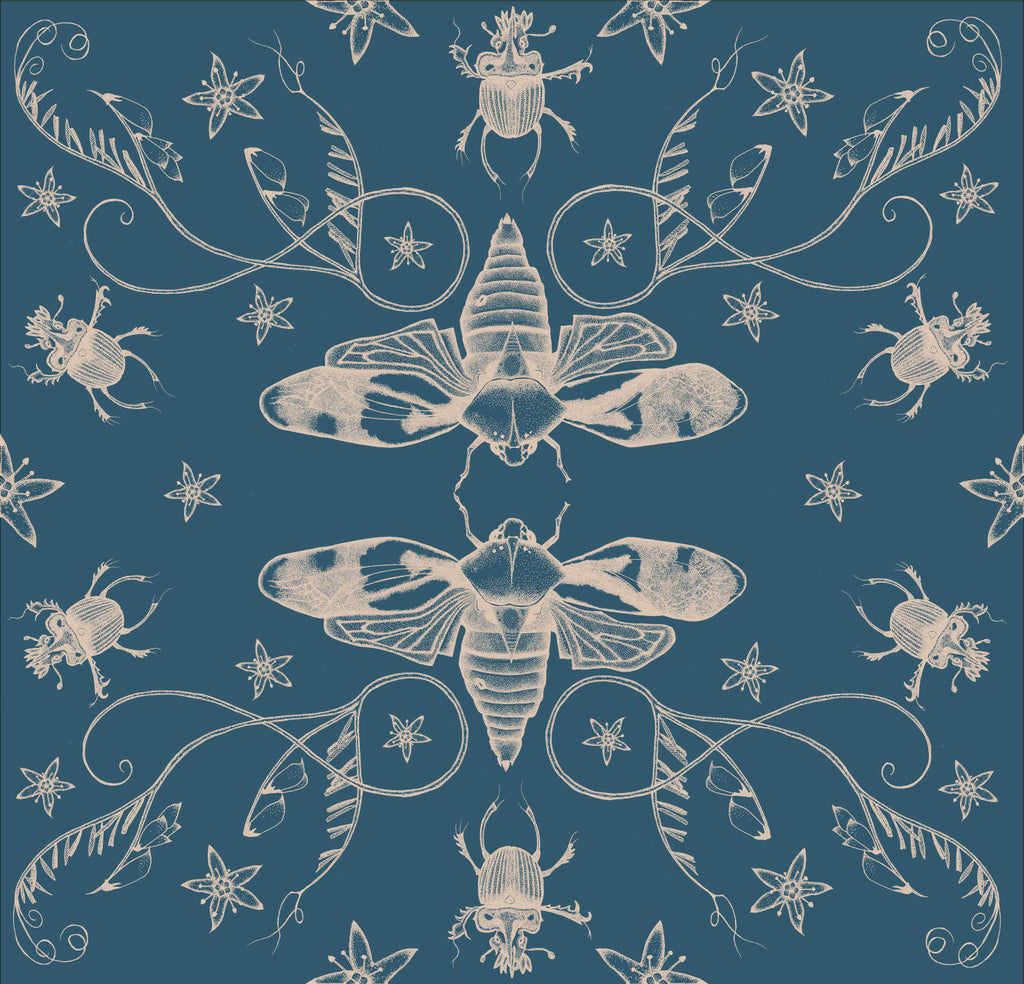 A beautiful illustrated entomology wallpaper showing cicadas in silver facing each other in a pattern with beetles and other insects