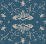 A beautiful illustrated entomology wallpaper showing cicadas in silver facing each other in a pattern with beetles and other insects