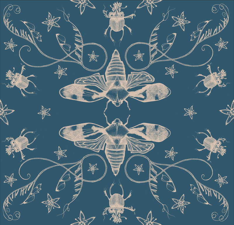 A beautiful illustrated entomology wallpaper showing cicadas in silver facing each other in a pattern with beetles and other insects