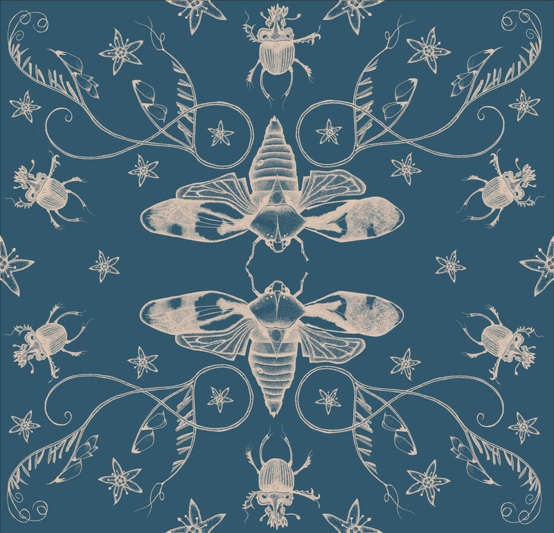 A beautiful illustrated entomology wallpaper showing cicadas in silver facing each other in a pattern with beetles and other insects